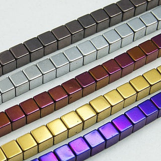 Non-magnetic Hematite Beads Strands, Cube, Color Plated, 4mm, Hole: 1mm, *approx 100 Beads.  *See Drop Down for Color Options.