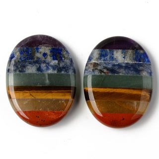 Chakra Worry Stone, (Cabochon). Assembled Natural Amethyst & Lapis Lazuli & Sodalite & Green Aventurine & Tiger Eye & Topaz Jade & Red Jasper, Oval, 40.5x30.5x8.5mm