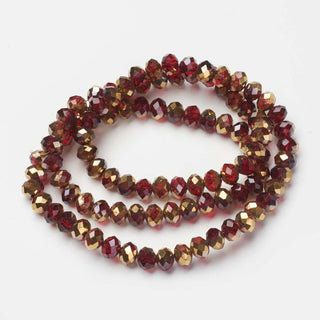 Electroplate Opaque Glass Beads Strands, Half Golden Plated, Faceted, Rondelle, Dark Red, 6x5mm, Hole: 1mm; (approx 90 Beads)