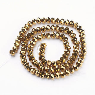 Electroplate Glass Beads Strands, Faceted, Rondelle, Golden Plated, 6x4mm, Hole: 1mm; (About 95 Beads)