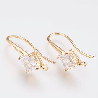 Brass Earring Hook, Ear Wire, with Loop, Cubic Zirconia, Real 18K Gold Plated, 24x9mm, Hole: 1.2mm, Pin: 1mm  (Packed per pair)