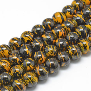 Glass (8mm) Round  Black with Yellow Splatter  (approx 53 Beads per 16" Strand)