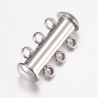 304 Stainless Steel Slide Lock Clasps, 3-Strand, 6-Hole, Tube, Stainless Steel Color, 20x10x6.5mm, Hole: 1.8mm (Sold Individually)