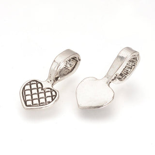 Tibetan Style Alloy Glue-on Flat Pad Bails, Heart Back,  Antique Silver, 19x9x1mm, Hole: 4x6mm.  (Packed 20 Bails)