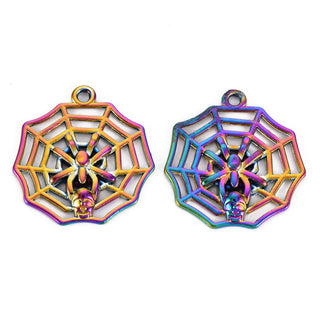Rainbow Color Alloy Pendant, Spider & Web, Multi-color, 29.5x27x3mm, Hole: 2mm Sold Individually.
