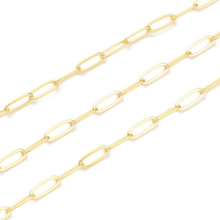 Brass Paperclip Chain, Flat Oval, Drawn Elongated Cable Chain, Soldered, Golden, 9x3.5x0.7mm *Sold By the Foot