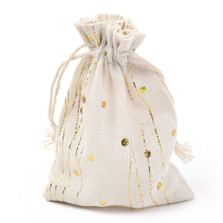 Cotton Fabric Cloth Bag.  (Drawstring). 14 x 10cm.  Natural with Gold Color Embellishment.  (Packed 5 Bags)