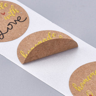 "Hand Made with Love"- Self Adhesive Kraft Paper Label Tag Stickers. (V2)  *Round.  about 500pcs/roll