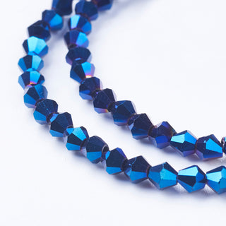 Bicone. Full Electroplated, Faceted, Blue, 3mm x3.5mm, Hole: 1mm; about 150pcs/strand, 18"