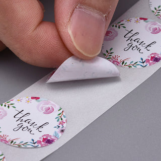 "Thank You"- Self Adhesive Kraft Paper Label Tag Stickers, (Ring of Flowers around cursive Thank You).  *Round.  about 500pcs/roll