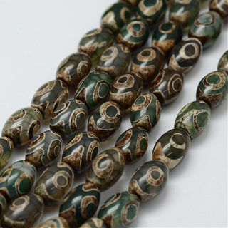 Tibetan Style 3-Eye dZi Beads Strands, Natural Agate Beads, Barrel, Dark Olive Green, 12x8mm, Hole: 2mm; (approx 30 Beads)