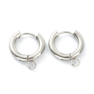 201 Stainless Steel Huggie Hoop Earring Findings, with Loop and 316 Surgical Stainless Steel Pin, Stainless Steel Color, 18x16x3mm (Packed per pair)