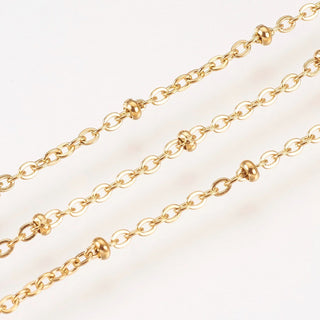 Vacuum Plating Handmade 304 Stainless Steel Cable Chains, Satellite Chain with Round.  Links 1.7 x 2mm.   (Sold By the Foot) Beads, Soldered, Flat Oval, Golden Size: about 1.5mm wide, bead: 2mm,