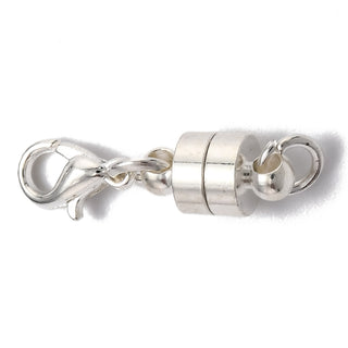 Brass Magnetic Clasps, with Lobster Claw Clasps, Column, Silver, 25x6mm.  Packed 2 Clasps.