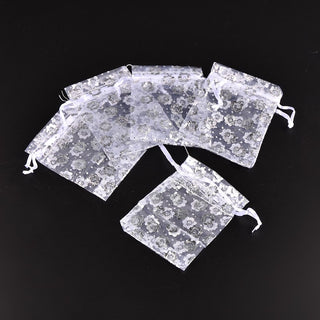 Organza Bags, White w/ Flower Pattern, about 7cm wide, 9cm long.  (Packed 10 Bags)