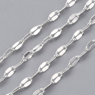Brass Dapped Chains, Cable Chains, Soldered, Flat Oval, Silver Color Plated, 5.2x2.2x0.2mm.   Sold BY the Foot.