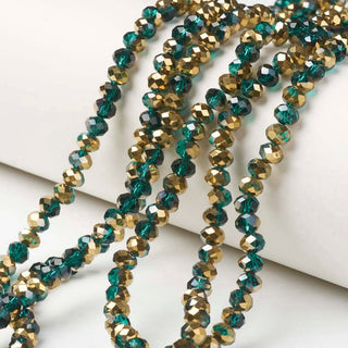 Electroplate Opaque Glass Beads Strands, Half Golden Plated, Faceted, Rondelle, Dark Green.  (See Drop Down for Size Options)