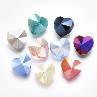 Electroplate Glass Beads, AB Color Plated, Faceted, Heart, Mixed Color, 14x14x8mm, Hole: 1.2mm10 beads.