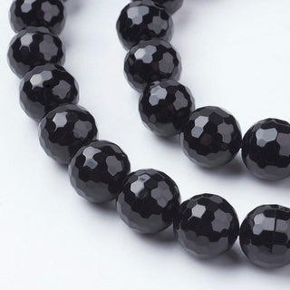 Natural Black Agate *Faceted. (10 mm rounds) 15.5" strand.  approx 40 beads.  Black