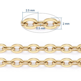 304 Stainless Steel Cable Chain, Soldered, Flat Oval, Golden, 2.5x2x0.5mm  Sold by the Foot