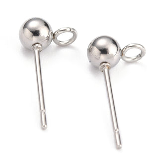 304 Stainless Steel Ball Post Stud Earring Findings, with Loop and 316 Surgical Stainless Steel Pin, Stainless Steel Color, 15x7x4mm (Packed 10 Earwires)