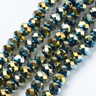 Glass Beads, Faceted, Rondelle, (Electoplated Green), 6x5mm, Hole: 1mm;  *Approx 95 Beads.
