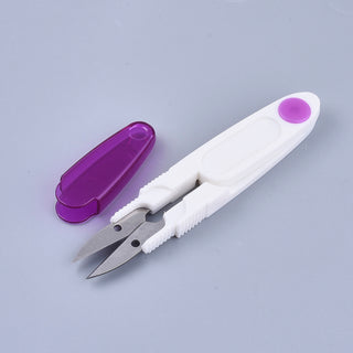 Sewing Scissors, Yarn Thread Cutter Mini Small Snips Trimming Nipper, Iron Sharp Scissors, with Plastic Sheath, Purple, 117x19x9mm