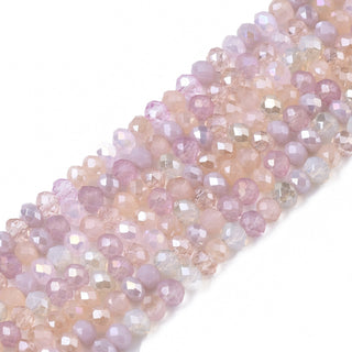 Electroplate Glass Beads Strands, AB Color Plated, Faceted, Rondelle, Lustered Mixed Shades of Pinks, 3x2.5mm, Hole: 0.7mm, about 190 Beads/ Strand