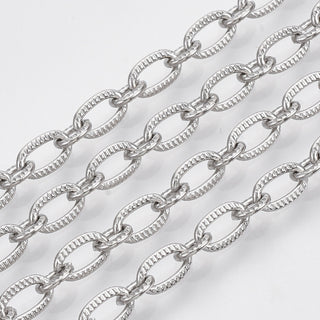 304 Stainless Steel Cable Chains, Textured, Flat Oval,, Small Link: 5x4x1mm, Large Link: 7x4.5x1mm,