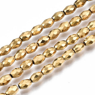 Electroplate Non-magnetic Hematite Beads Strands, Faceted, Barrel, Real 18K Gold Plated, 5x3mm, Hole: 1mm, approx 85 beads