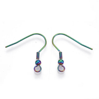 Vacuum Plating 201 Stainless Steel Earring Hooks, Ear Wire, Rainbow Color, 19~21mm, Hole: 2mm, Pin: 0.7mm (Packed 10 Earwires)