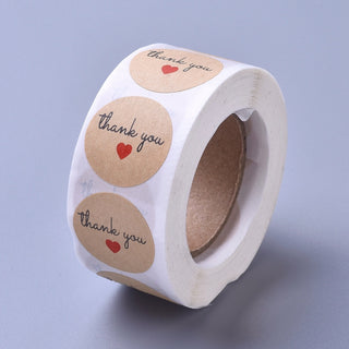 "Thank You"- Self Adhesive Kraft Paper Label Tag Stickers, (with Red Heart).  *Round.  about 500pcs/roll