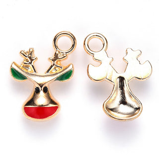 Enamelled Reindeer Charm.  (Gold, Red and Green). 17x12x3.5mm, Hole: 2.5mm.