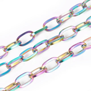 304 Stainless Steel Cable Chains, Unwelded, "Paperclip"  Flat Oval, Rainbow Color, 6.5x3.5x0.8mm, Sold by the Foot)