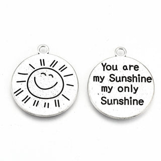 "You Are My Sunshine" Charm.  Metal.  Silvertone.  27.5 x 24mm.   Sold Individually.