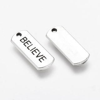 "Believe" Charm. (Rectangle shape). Antique Silver, 8x21x2mm, Hole: 2mm  (See Drop down for Options)