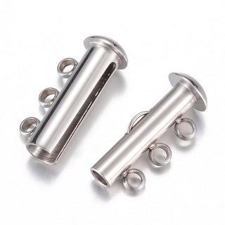 304 Stainless Steel Slide Lock Clasps, 3-Strand, 6-Hole, Tube, Stainless Steel Color, 20x10x6.5mm, Hole: 1.8mm (Sold Individually)