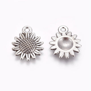 Sunflower Charm.  Antique Silver.  18.6x15x2.5mm, Hole: 1.8mm (Sold Individually)