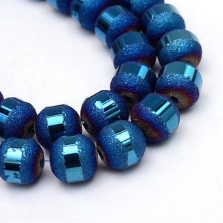 Electroplate Glass Beads, Frosted.  Electric Blue with Blue Band.  8 to 9mm.  Hole 1.5mm.  Approx 72 Beads.