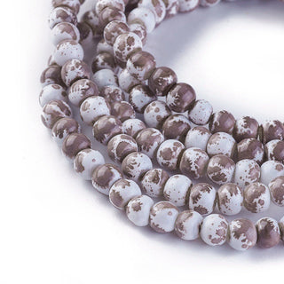 Glass (4mm) Round  White with Brown Splatter  (approx 100 Beads per Strand)