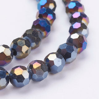 Glass (Faceted) *6mm Round.  Black with AB Plating.  approx 50 beads per strand.