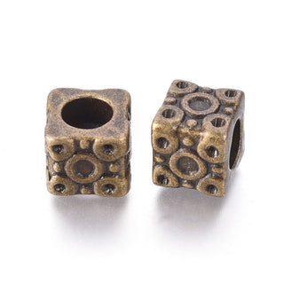 Alloy European Beads, Antique Bronze Color, Cube (*Packed 5 Beads), Size: about 11mm long, 11mm wide, 10mm thick, hole: 6.5mm