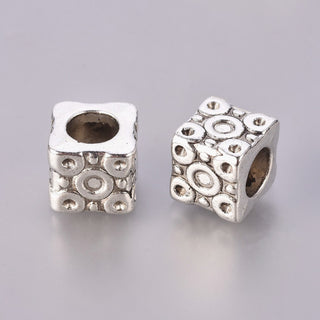 Alloy European Beads, Antique Silver, Cube (*Packed 5 Beads), Size: about 11mm long, 11mm wide, 10mm thick, hole: 6.5mm