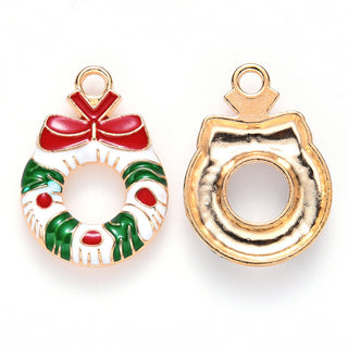 Alloy Enamel Charm.  Christmas Wreath with Bowknot, Light Gold. 23x16x3mm, Hole: 2mm   Sold Individually.