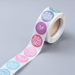 "Thank You"- Self Adhesive Kraft Paper Label Tag Stickers, ("Thank You" with asst. opaque Colored backgrounds).  *Round.  about 500pcs/roll