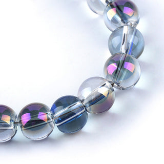 Half Plated Transparent Glass Beads Strands, *Rainbow Plated, Round, Purple, 8mm, Hole: 1mm; about 104 Beads
