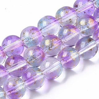 Glass Rounds *Clear with Gold and Medium Purple Bluish Foil Splatter. Round  (8mm) *Approx 50 Beads.