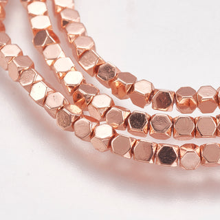 Electroplate Non-magnetic Hematite Beads Strands, Faceted, Square, Rose Gold Color Plated, 2x2.5x2.5mm, Hole: 0.5mm.  Approx 180 Beads.
