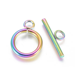Vacuum Plating 304 Stainless Steel Toggle Clasps, Ring, Rainbow, Multi-color, Ring: 19x14x2mm, Bar: 20x7x2mm, Hole: 3mm