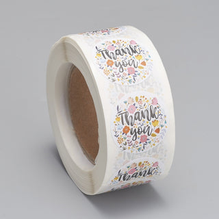 "Thank You"- Self Adhesive Kraft Paper Label Tag Stickers, (Flowered).  *Round.  about 500pcs/roll